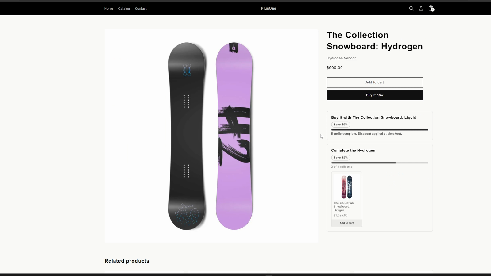 A storefront product page where the pair bundle card reads "Bundle complete. Discount applied at checkout." and the complete set card shows a 2 of 3 collected progress bar with the missing product below it
