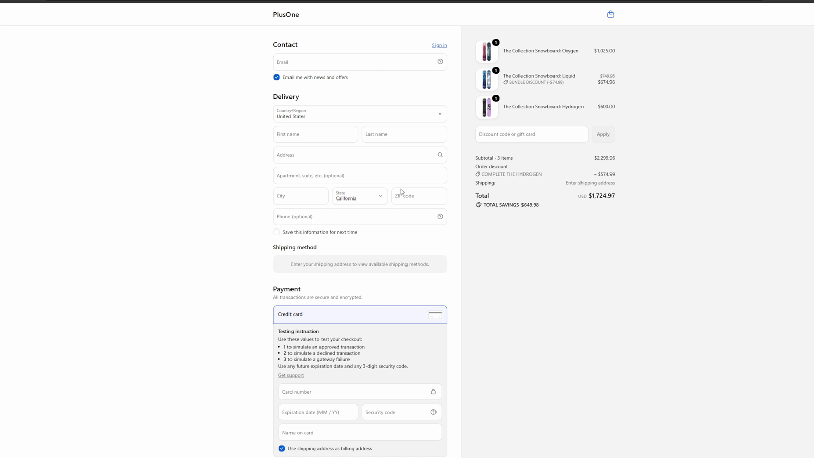 A Shopify checkout summary showing three snowboards, one line marked "BUNDLE DISCOUNT (-$74.99)", an order discount line reading "COMPLETE THE HYDROGEN" of minus $574.99, and a total savings line