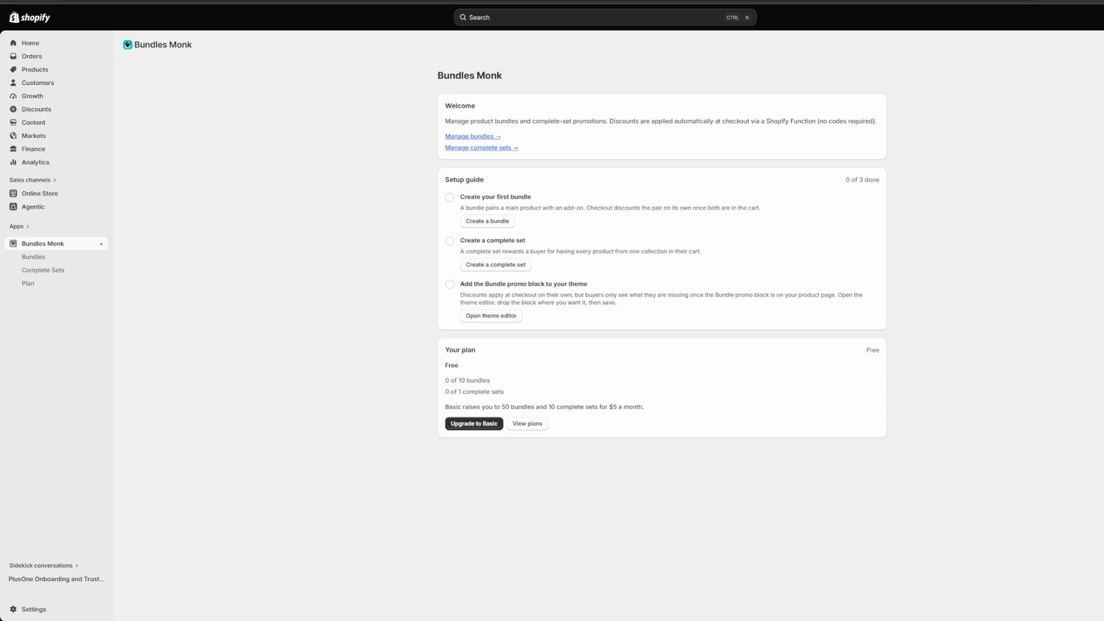 The Bundles Monk home page inside Shopify admin, showing a Welcome card, a Setup guide with three unfinished steps, and a plan card reading 0 of 10 bundles and 0 of 1 complete sets